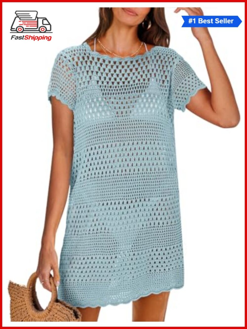 ✨Swimsuit Cover Up Women Short Sleeve Crochet Mesh Knit Mini Dress Beach Pool